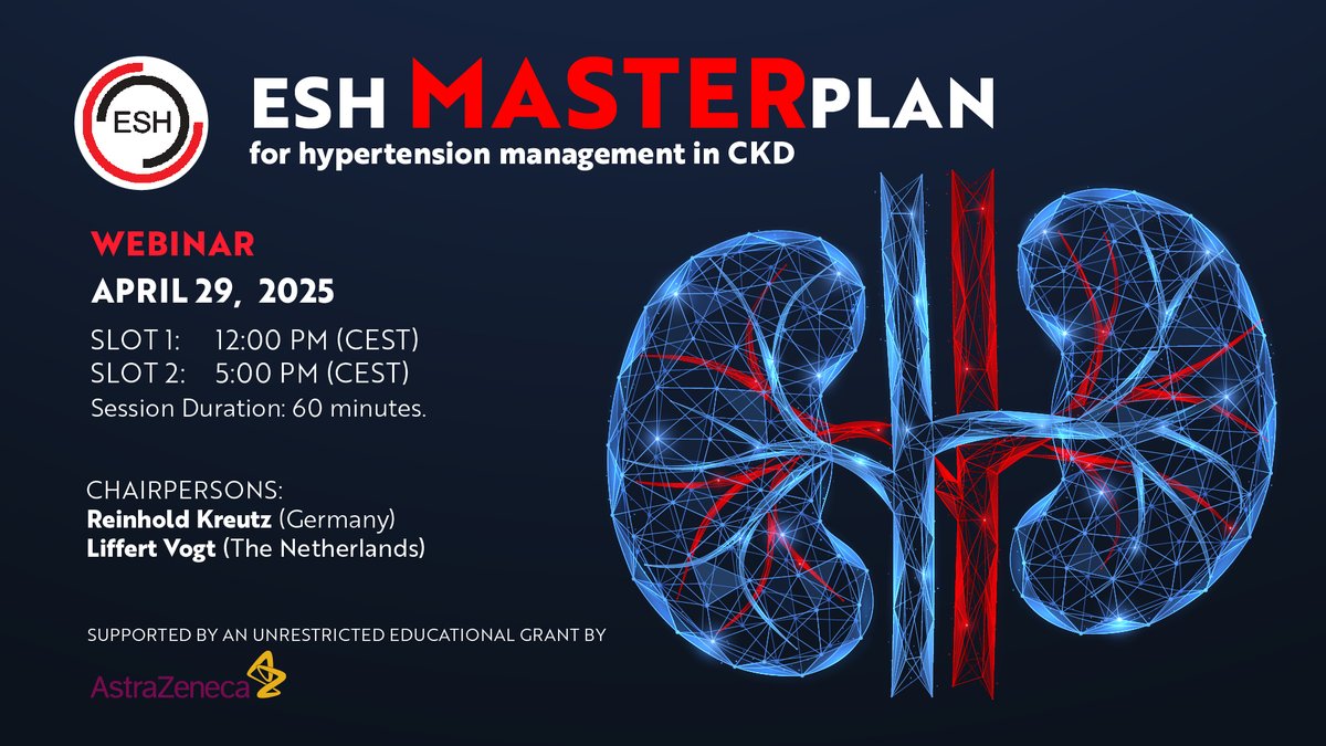 European Society of Hypertension (@eshypertension) on Twitter photo 📢Don’t miss our webinar on the “ESH MASTERplan for hypertension management in CKD” in cooperation with AstraZeneca.
📅April 29 | 12:00 PM (CEST) AND 5:00 PM (CEST). Decide on the time that works best for you!
Program & registration here: bit.ly/4cyhbm1
<a href="/KreutzReinhold/">Reinhold Kreutz</a> 📢Don’t miss our webinar on the “ESH MASTERplan for hypertension management in CKD” in cooperation with AstraZeneca.
📅April 29 | 12:00 PM (CEST) AND 5:00 PM (CEST). Decide on the time that works best for you!
Program & registration here: bit.ly/4cyhbm1
<a href="/KreutzReinhold/">Reinhold Kreutz</a>