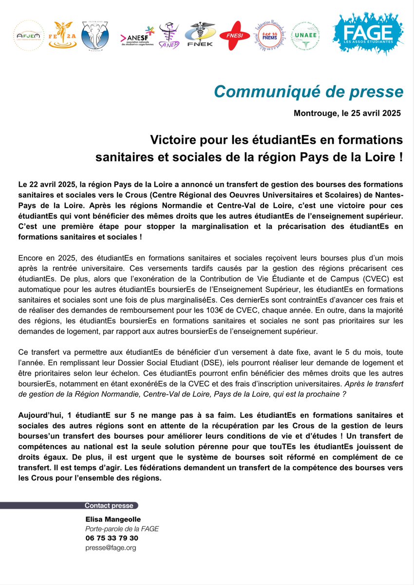 👏🏼 Victoire en Pays de la Loire : les étudiant·e·s en formations sanitaires et sociales (dont la #kiné) auront enfin les mêmes droits que les autres ! 

Transfert des bourses au CROUS = + d’équité, - de galère

#egalite #EtuKine #PaysDeLaLoire
<a href="/La_FAGE/">FAGE</a> <a href="/paysdelaloire/">Pays de la Loire</a>