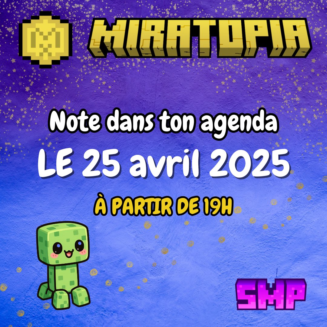 ✨ C’est officiel ! MIRATOPIA revient Aujourd’hui  dès 19h 🗓️
Prépare-toi pour une nouvelle aventure sur le SMP 💥

#minecraft #minecraftserver #twitch #twitchstreamer #Miratopia #petitstreameur #mods #smp #event #evenement