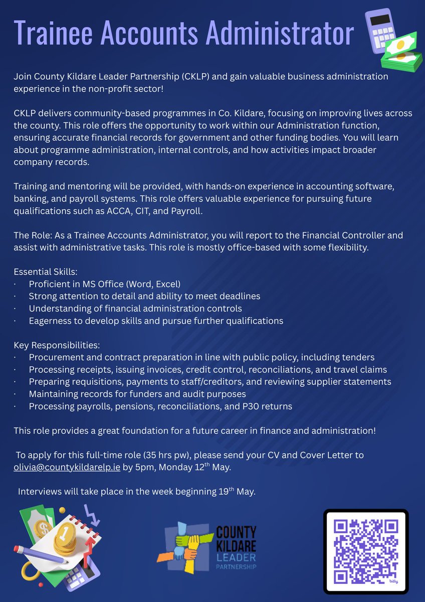 We are Hiring a Trainee Accounts Administrator 

See details here: countykildarelp.ie/we-are-hiring-…

Closing date 12th May 2025 at 5.00pm
