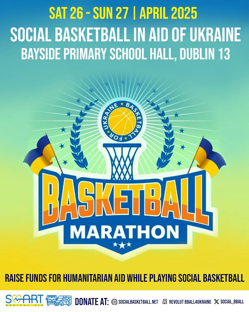 We're organizing a basketball event in our local school hall, 18 teams from around Dublin playing for fun collecting for humanitarian aid to Ukraine. Over the past three years we have raised €25,000 buying ambulances and medicine for children.

revolut.me/bball4ukraine
