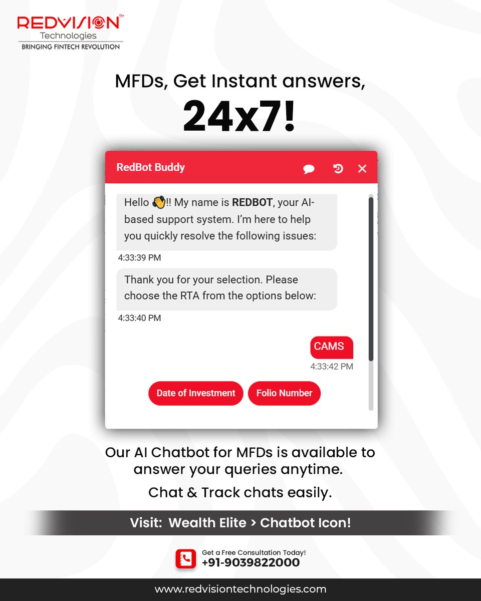 redvisionindore's tweet image. Got data-related queries? Get instant answers with our AI chatbot—available 24x7 for your convenience!

Enquire More!
call +91 9039822000.
Visit: Visit: wealthelite.in

#REDVisionTechnologies #WealthElite #MutualFundSoftware #BackOfficeSoftware #AIChatbot #MFD