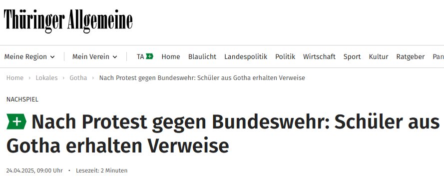 "Bildung statt Bomben" - 2 Schüler protestierten gegen den Besuch der Bundeswehr an der Schule. Nachspiel: "Nun wurden sie der Schule verwiesen."
"Über den gesamten Schulhof schallte es dann laut: „Ich hab‘ keinen Bock drauf, mit 18 in einem Schützengraben zu liegen und mich zu