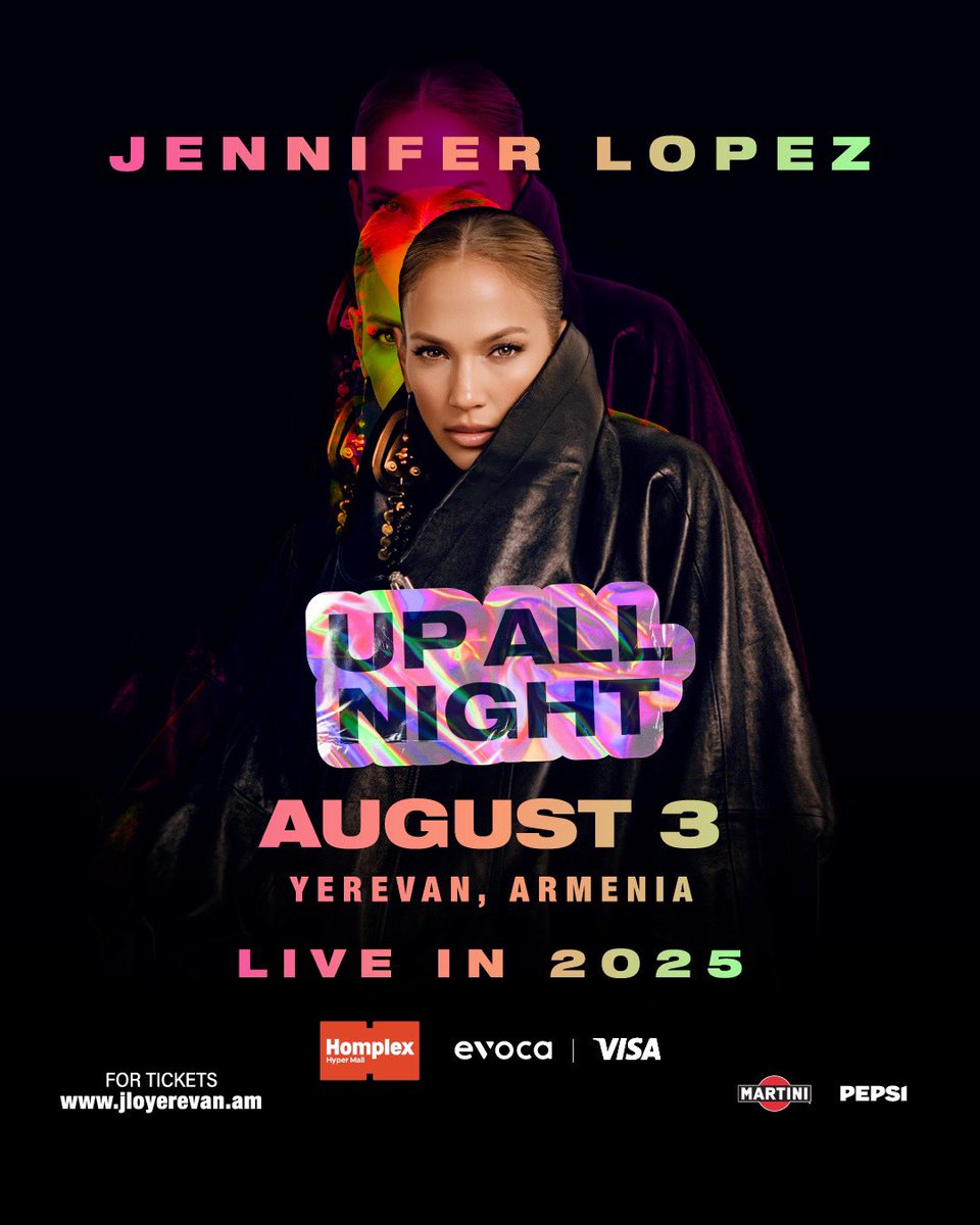 JLo's tweet image. ARMENIA! Tickets for the UP ALL NIGHT: #JLoLiveIn2025 show at the Vazgen Sargsyan Republican Stadium on August 3 in Yerevan go on-sale on April 29 at 12pm Yerevan Time. For more information visit jloyerevan.am ✨ - Team On The JLo