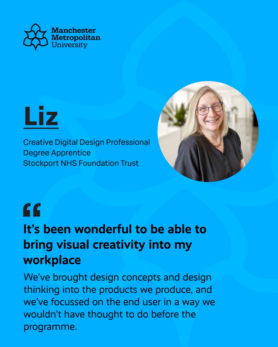 Degree Apprenticeships at Manchester Met (@mmuapprentice) on Twitter photo 🌟 Apprentice Spotlight: Liz Challinor
She is a Creative Digital Design Degree Apprentice at <a href="/StockportNHS/">Stockport NHS FT</a> and is using her skills to drive change, improve services, and boost team success within her workplace.
Learn how you can offer this programme: ow.ly/poUY50VFvAY 🌟 Apprentice Spotlight: Liz Challinor
She is a Creative Digital Design Degree Apprentice at <a href="/StockportNHS/">Stockport NHS FT</a> and is using her skills to drive change, improve services, and boost team success within her workplace.
Learn how you can offer this programme: ow.ly/poUY50VFvAY