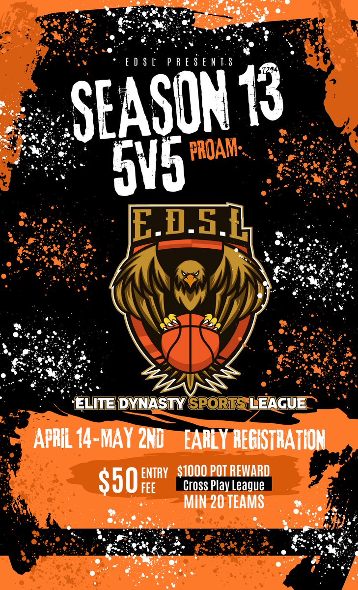 Elite Dynasty Sports League (@edslproam) on Twitter photo 🏆 EDSL Season 13 5v5 🏆
🚨Early Registration is Still Open🚨
💰$50 Team Entry Fee
📝Scheduled Season
🏀 Min 20 Teams
⬇️Discord
discord.gg/pzvAdQmF
⬇️Registration Link
forms.gle/aPvgLvSGGQcNV4…
<a href="/iNetworkSports/">iNetwork</a> <a href="/xKingsWorld/">The Guy That Stands Up 🗣️👑</a> <a href="/iamKade01/">Sav Riley</a> <a href="/xTreSkiii/">Tre 💫 🏰</a> <a href="/LOAeSports/">League Of Athletes</a> 🏆 EDSL Season 13 5v5 🏆
🚨Early Registration is Still Open🚨
💰$50 Team Entry Fee
📝Scheduled Season
🏀 Min 20 Teams
⬇️Discord
discord.gg/pzvAdQmF
⬇️Registration Link
forms.gle/aPvgLvSGGQcNV4…
<a href="/iNetworkSports/">iNetwork</a> <a href="/xKingsWorld/">The Guy That Stands Up 🗣️👑</a> <a href="/iamKade01/">Sav Riley</a> <a href="/xTreSkiii/">Tre 💫 🏰</a> <a href="/LOAeSports/">League Of Athletes</a>