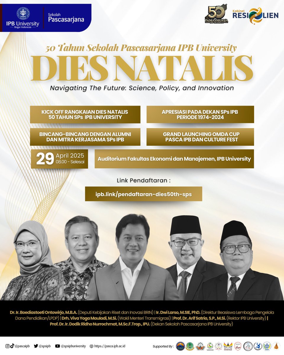 Sekolah Pascasarjana IPB bersama Forum Mahasiswa Pascasarjana IPB Kabinet Resilien, mengusung tema “Navigating The Future: Science, Policy, and Innovation” dalam perayaan Dies Natalis ke-50 Sekolah Pascasarjana IPB University.

🔗 Link Pendaftaran
ipb.link/pendaftaran-di…