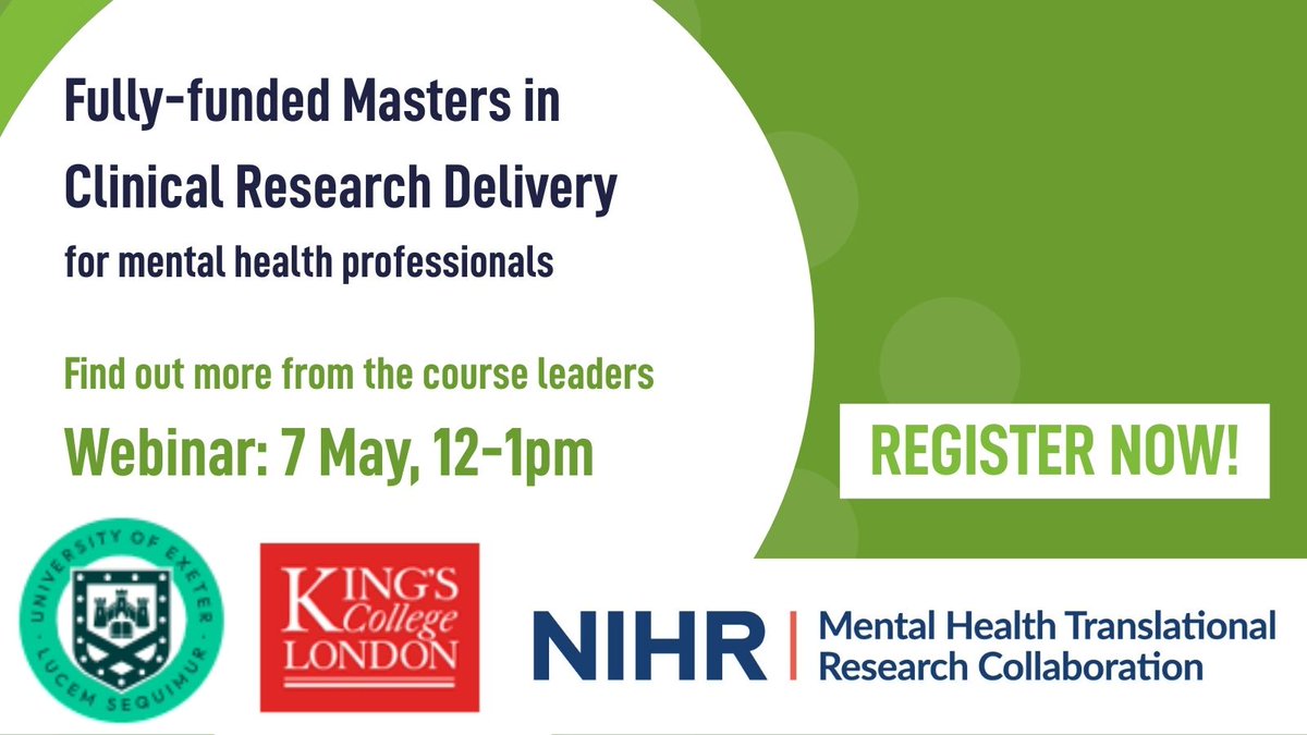 Incubator for Mental Health Research (@mhrincubator) on Twitter photo The NIHR MH-TRC Mental Health Mission is funding 11 places for #mentalhealth professionals to undertake training in clinical research delivery at <a href="/KingsCollegeLon/">King's College London</a> & <a href="/UniofExeter/">University of Exeter</a>.
Sign up to the webinar for more info 📝
mentalhealthresearch.org.uk/register-to-at… The NIHR MH-TRC Mental Health Mission is funding 11 places for #mentalhealth professionals to undertake training in clinical research delivery at <a href="/KingsCollegeLon/">King's College London</a> & <a href="/UniofExeter/">University of Exeter</a>.
Sign up to the webinar for more info 📝
mentalhealthresearch.org.uk/register-to-at…
