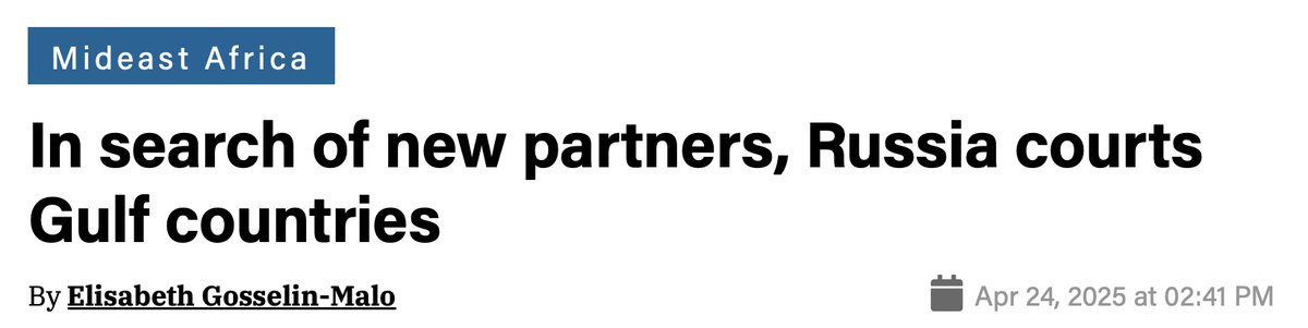 It's nice to be wanted. 

Two stories show the schmoozing of Gulf states by large powers, with the US looking to sell arms and Russia seeking to gain investment and support. 

Seemingly no F-35s for Saudi, though. 

aljazeera.com/news/2025/4/25…

defensenews.com/global/mideast…