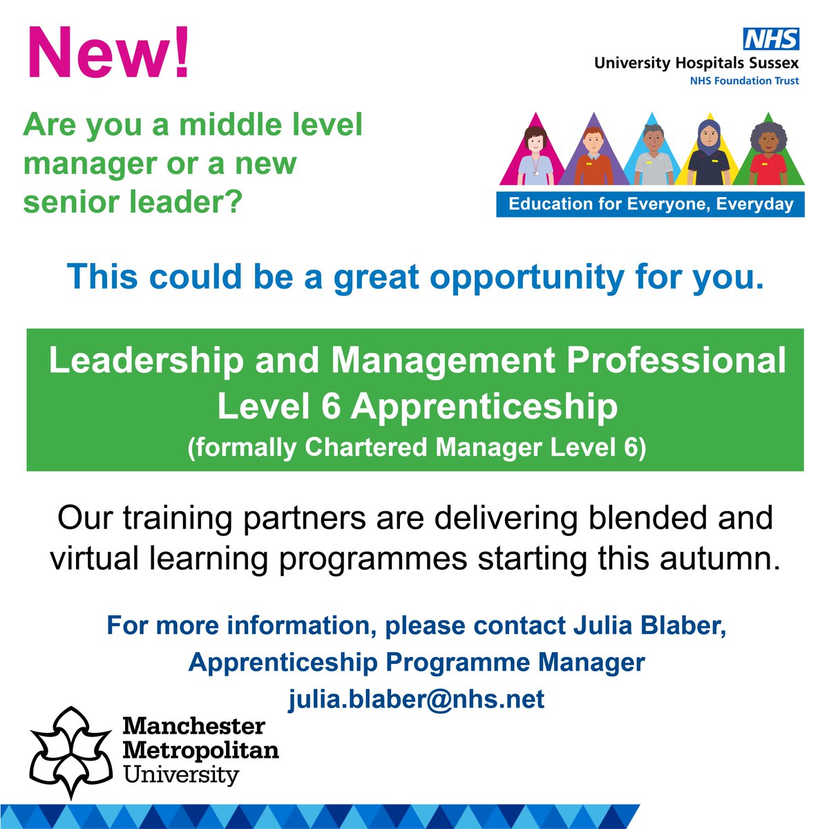 UHSussex Education and Apprenticeships (@uhsx_eduapps) on Twitter photo Happy Friday!
Are you a middle-level manager or a new senior leader?
This new apprenticeship opportunity could be just what you are looking for!
Please contact Julia Blaber, Apprenticeship Programme Manager. julia.blaber@nhs.net
for more information. <a href="/ManMetUni/">Manchester Metropolitan Uni</a> <a href="/UHSussex/">University Hospitals Sussex</a> Happy Friday!
Are you a middle-level manager or a new senior leader?
This new apprenticeship opportunity could be just what you are looking for!
Please contact Julia Blaber, Apprenticeship Programme Manager. julia.blaber@nhs.net
for more information. <a href="/ManMetUni/">Manchester Metropolitan Uni</a> <a href="/UHSussex/">University Hospitals Sussex</a>