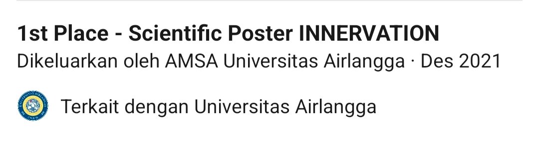 shisukaarishima's tweet photo. ✨ Prestasi Maxwell Salvador Surya Atmaja Tahun 2021-2022 ✨ #timsekop

♠ 2021 ♠

Juara 1 Scientific Poster pada INNERVATION 2021.

Sekilas info :
INNERVATION merupakan singkatan dari Increasing Public Knowledge on SMA with AMSA Collaboration. https://t.co/PAUFrV7E1t