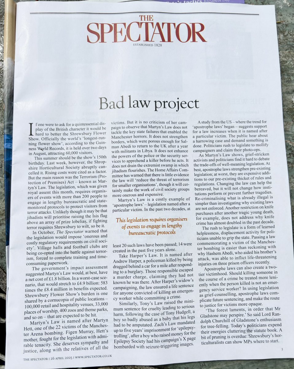 It’s not often that Shrewsbury gets a mention in the national
press - let alone the lead article in the <a href="/spectator/">The Spectator</a>. The loss of the Shrewsbury Flower Show is a great shame, especially to those of us who live here.