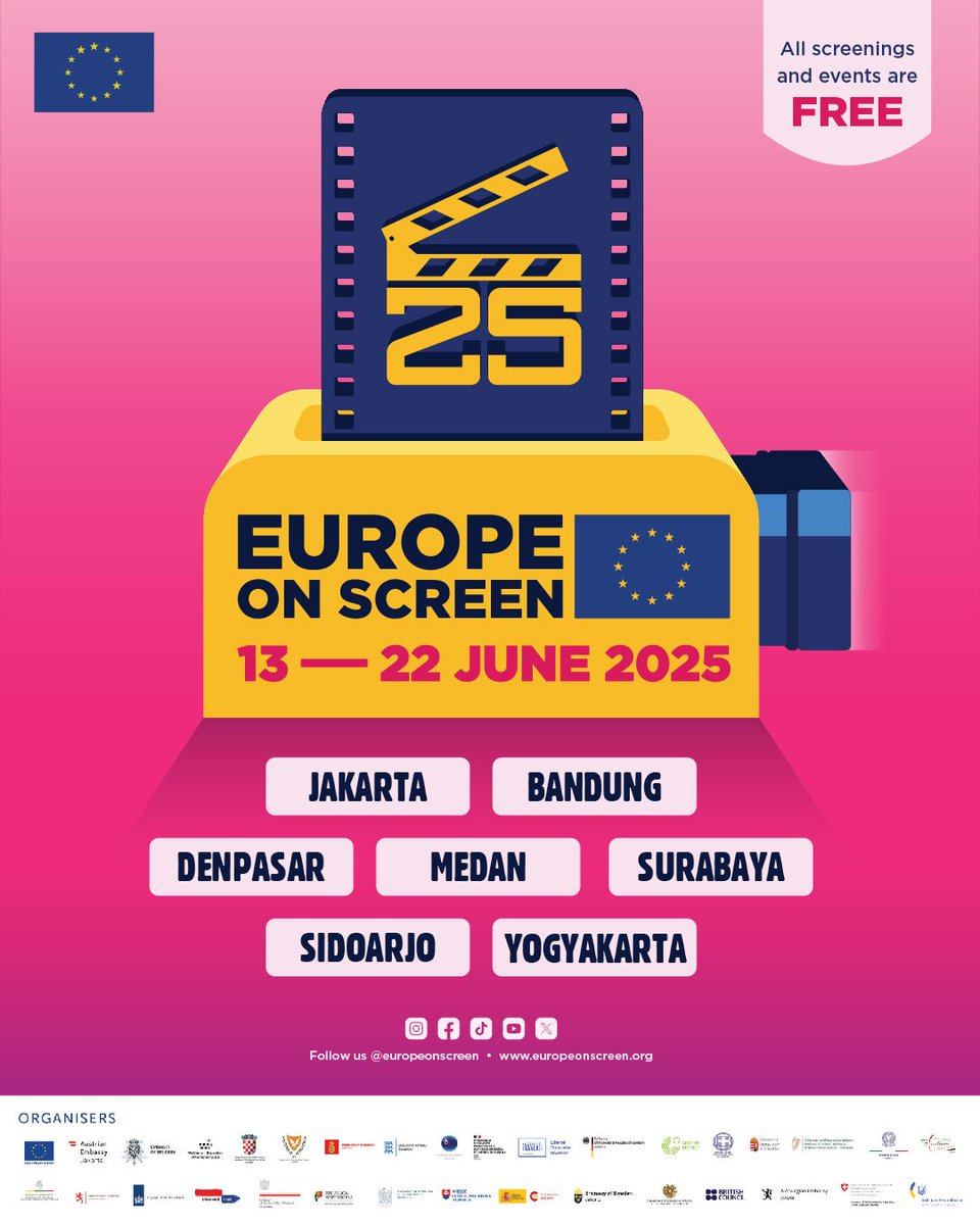 #EoS25 is coming to 7 cities in Indonesia !!! 🎬🇪🇺

Jakarta, Bandung, Denpasar, Medan, Surabaya, Sidoarjo, Yogyakarta🇮🇩

We're bringing you the best European films you've never seen before, on 13-22 June 2025 🤩 See you at the screening! 

#EuropeOnScreen #FilmFestival <a href="/uni_eropa/">EU in Indonesia</a>