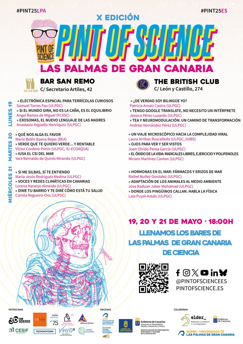 ¡Ya tenemos cartel de <a href="/pintofscienceES/">Pint of Science ES</a> Las Palmas 2025! 

Y además... ¡en dos bares! ¡Este año puedes elegir entre ir al Bar San Remo, o al British Club!

La semana que viene daremos más detalles sobre nuestros ¡18! ponentes. 

¡Nos vemos en 3 semanas! #Pint25LPA #Pint25ES