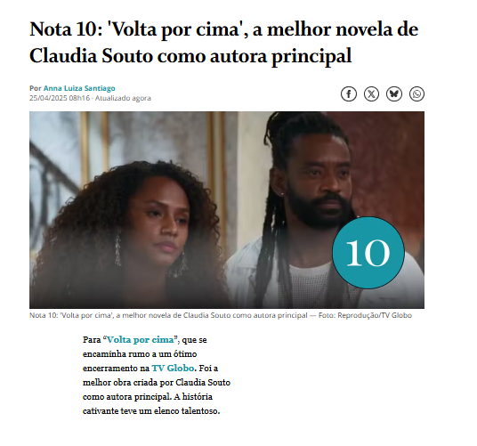 dia_tiago's tweet photo. NOTA 10 para #VoltaPorCima, a melhor obra de Claudia Souto. A história cativante teve um elenco talentoso.

📰 Anna Luiza Santiago https://t.co/AAvATJSRlA