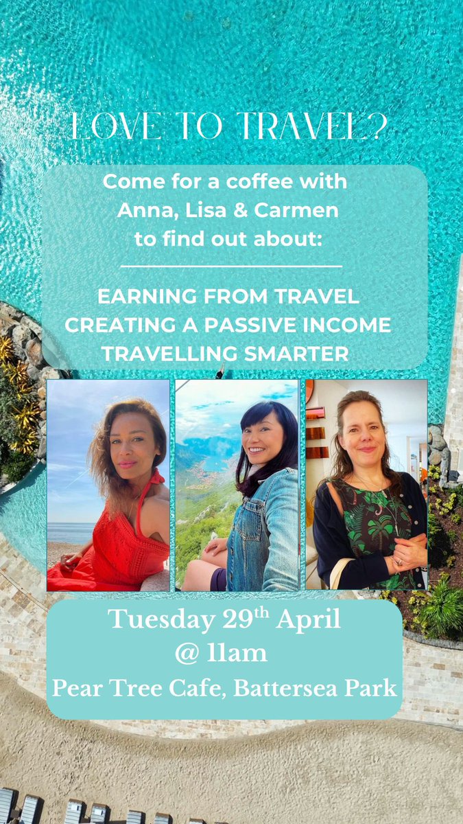 On Tuesday 11am I will be joined by BBC Travel’s Carmen Roberts and TV PR Anna Penney to host a coffee morning in Battersea to tell you all about the travel business and how you can use this opportunity to help you travel smarter and also earn an additional income. Join us!