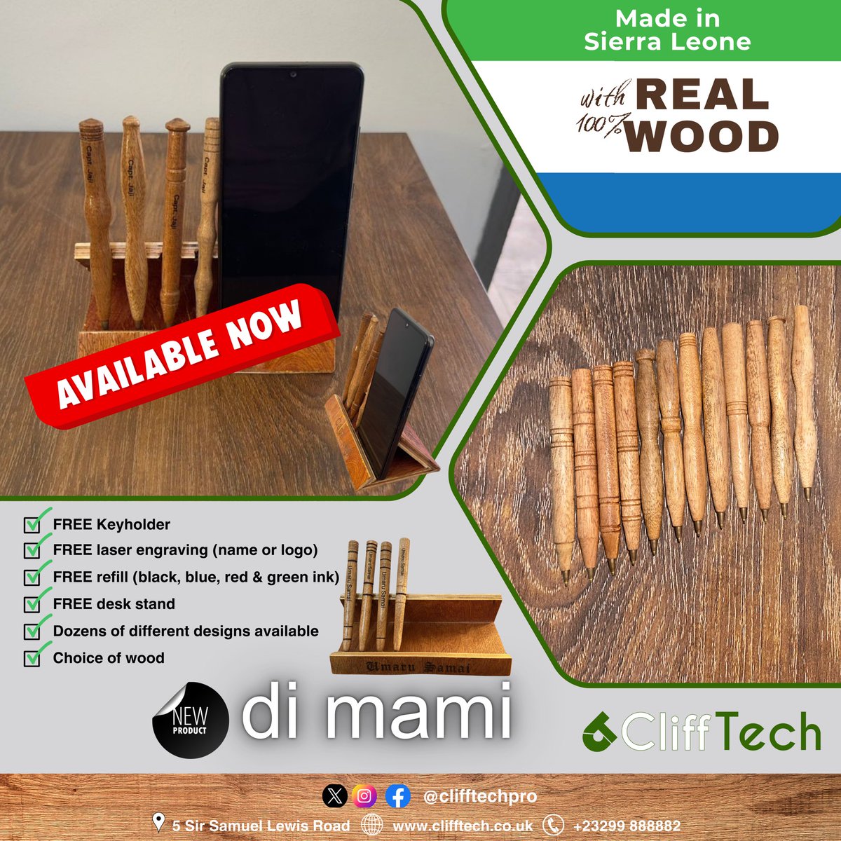 CliffTechPro's tweet image. Show your style this season!
Upgrade your desk with our handcrafted wooden pen &amp;amp; phone stand combo — made in Sierra Leone with real wood.

Choose from Chunɛ, Titi &amp;amp; Di Mami — because good things come in 3s!

DM @clifftechpro for prices &amp;amp; grab yours today. #LocalContent