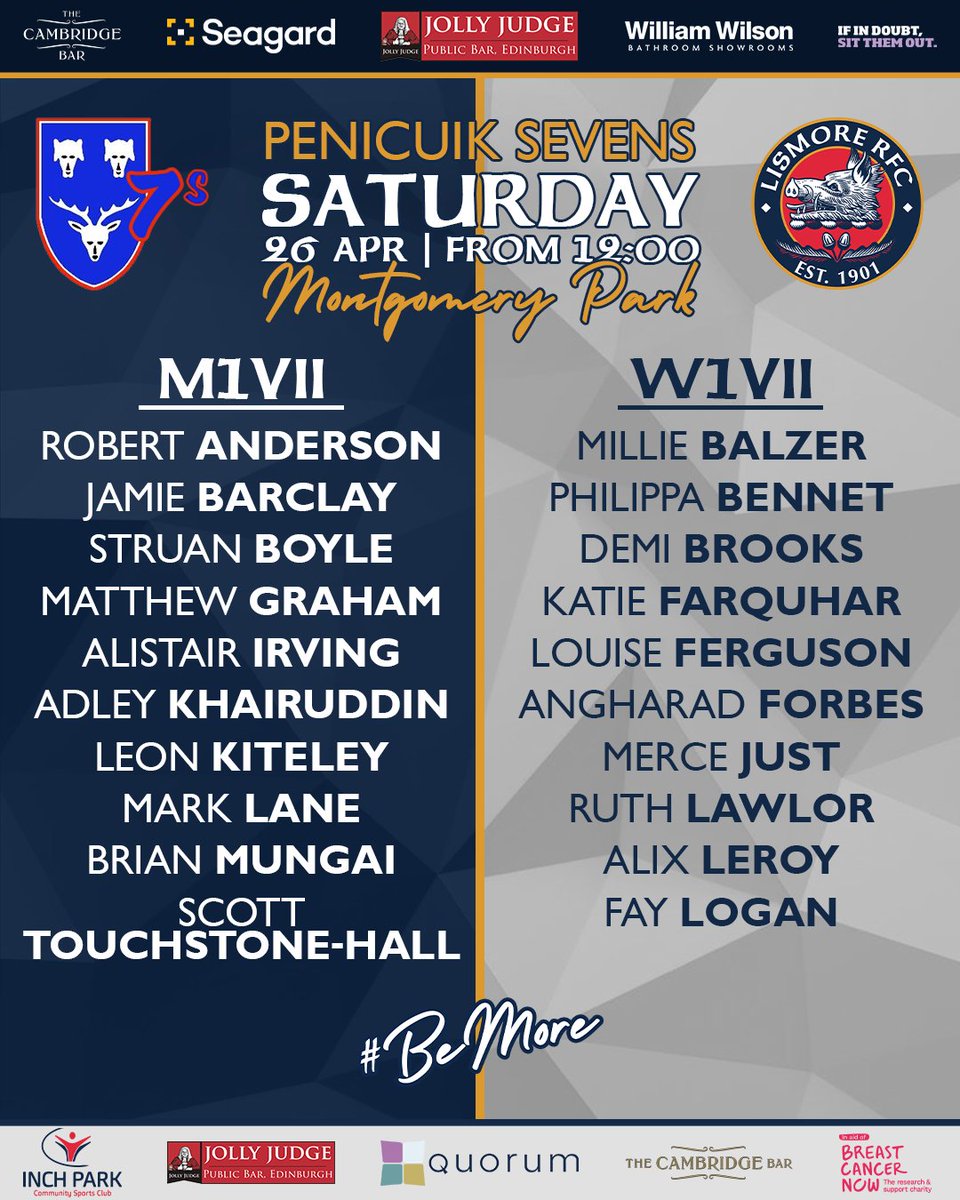 🚨 SATURDAY'S SEVENS SQUADS 🚨

M1VII and W1VII heading to Penicuik Rugby Sevens

🗓️ Saturday, 26th April
🏟 Montgomery Park, Penicuik
🏉 KO 12:00

#BeMore