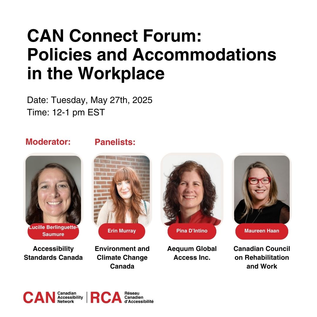 Don't miss our upcoming CAN Connect Forum in celebration of #NAAW2025 where we’ll be discussing "Policies and Accommodations in the Workplace".

Date: Tuesday, May 27
Time: 12-1 pm EST
Delivery: Virtual via Zoom   

Register today to join us on May 27th: can-rca.ca/event/policies…