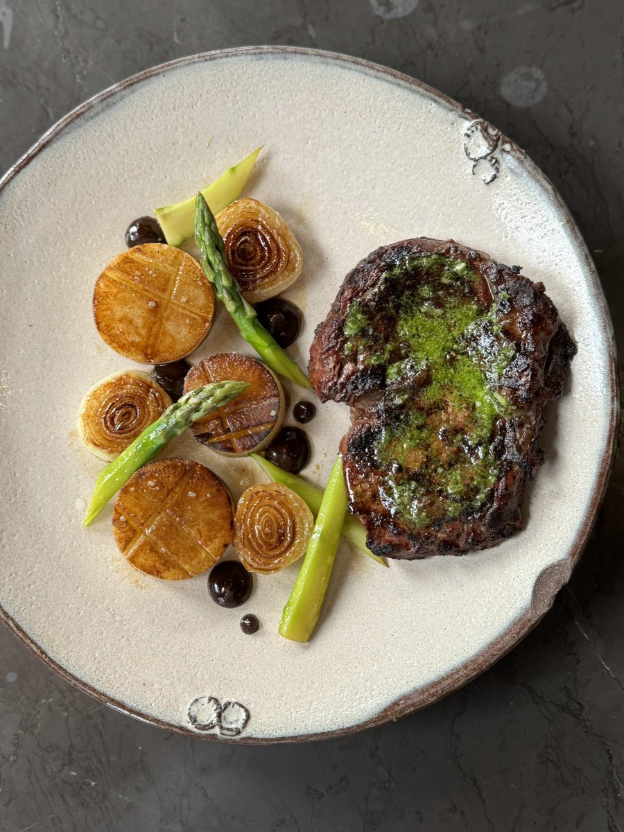 Sedesh79's tweet photo. Steak • Fondant Potatoes • Ramp Pistou • Black Garlic 
#imyourfavoritechefsfavoritechef https://t.co/DPXdKj79gz