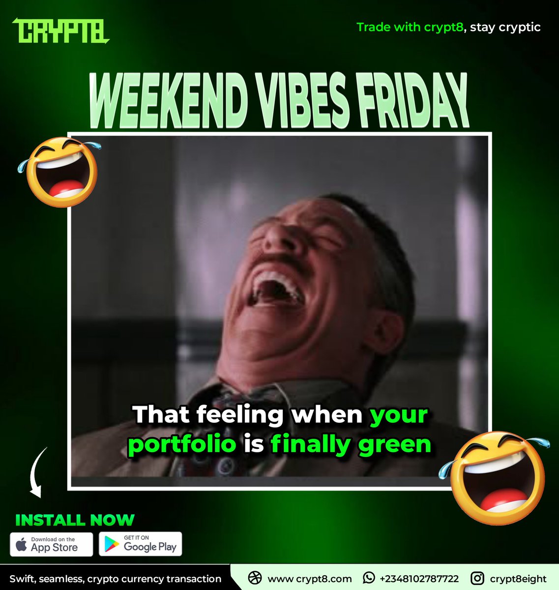 Crypt8eight's tweet image. Let’s celebrate those gains! 🚀
#CryptoGains #WeekendVibes #FridayLaughs
