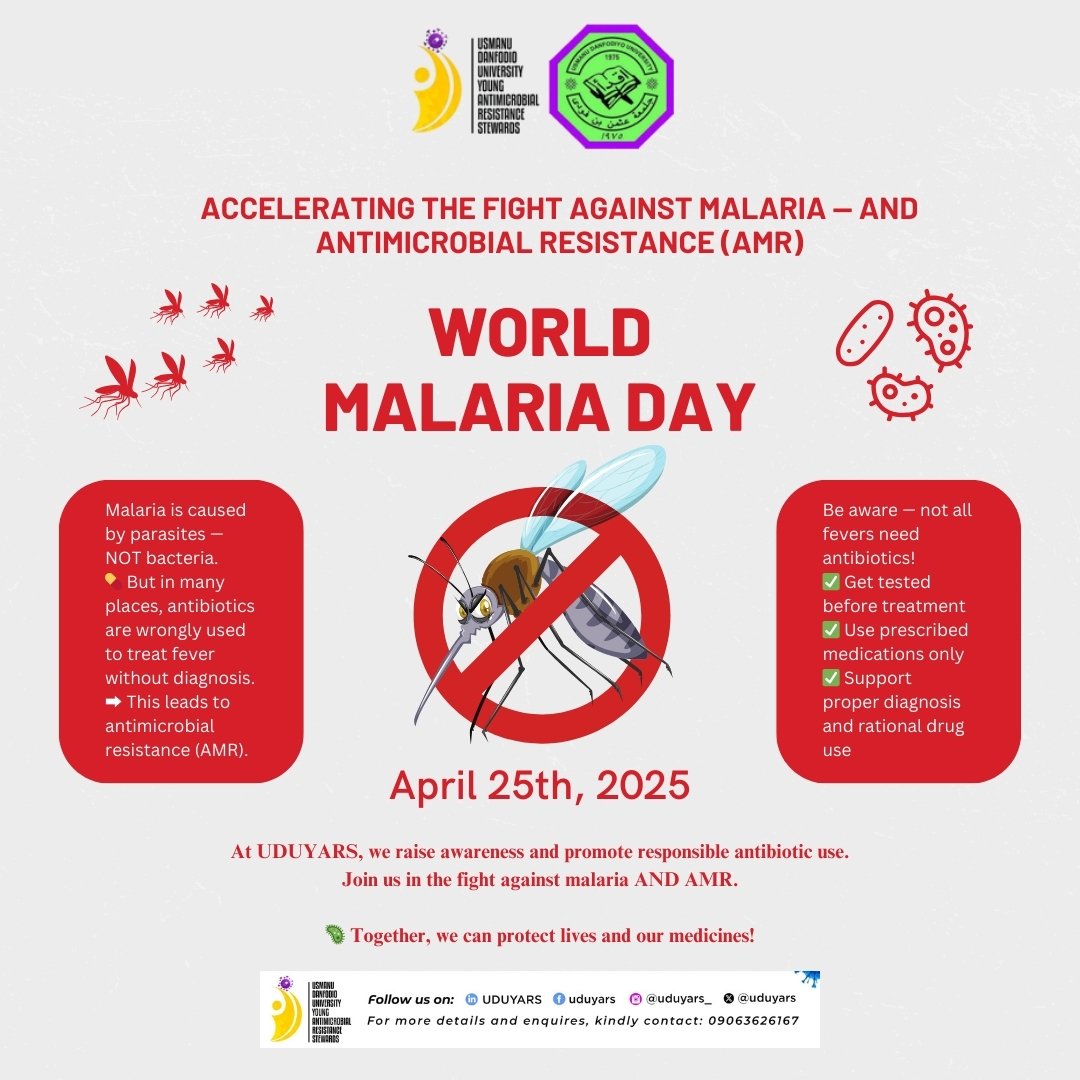 World Malaria Day | April 25th, 2025

Let's break the cycle of wrong treatment and resistance! 

✅ Get tested
✅ Use prescribed meds
✅ Support rational drug use

Together, we can protect lives and our medicines.

#WorldMalariaDay #StopAMR #UDUYARS #TestBeforeTreat #FightMalaria