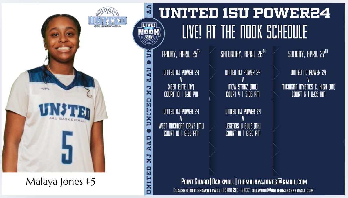 Malaya Jones (@themalayajones) on Twitter photo Excited to play in the first live period of the season with my United NJ teammates at Live! At the Nook. Schedule is ⬇️⬇️
<a href="/coach_elwood/">Shawn Elwood</a>
<a href="/CoachGaba/">Coach Joe Gaba</a>
<a href="/CoachJimmy_O/">Jimmy Ostaszewski</a>
<a href="/unitedNJaau/">United NJ AAU</a> Excited to play in the first live period of the season with my United NJ teammates at Live! At the Nook. Schedule is ⬇️⬇️
<a href="/coach_elwood/">Shawn Elwood</a>
<a href="/CoachGaba/">Coach Joe Gaba</a>
<a href="/CoachJimmy_O/">Jimmy Ostaszewski</a>
<a href="/unitedNJaau/">United NJ AAU</a>
