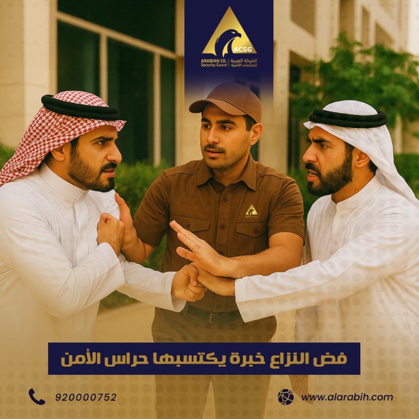 فضّ النزاع.. بأسلوب مدرّب ومحترف
في الشركة العربية للحراسات الأمنية، لا يقتصر دور الحارس على الحماية فقط،
بل يتعداه إلى التعامل الذكي مع النزاعات دون عنف أو تدخل مفرط.

🔹 حراسنا مدربون على: ✔ فضّ النزاعات بطريقة آمنة ومحايدة
✔ تهدئة الأطراف دون التصعيد
✔ حماية الجميع دون