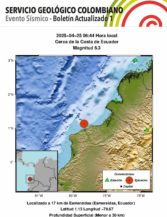 #SismosColombiaSGC Evento Sísmico - Boletín Actualizado 1, 2025-04-25, 06:44 hora local Magnitud 6.3, Profundidad Superficial (Menor a 30 km), Cerca de la Costa de Ecuador ¿Sintió este sismo? repórtelo sismosentido.sgc.gov.co sgc.gov.co/sismos #Temblor #Sismo