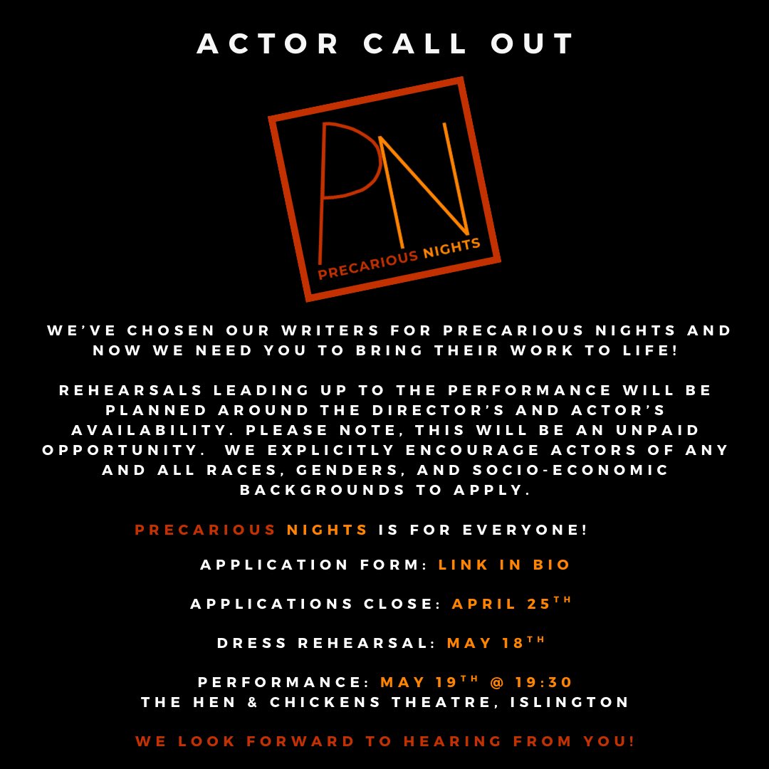 ACTOR CALL OUT! 

We’ve chosen our writers for Precarious Nights and now we need you to bring their work to life! But you have to be quick, applications close at MIDNIGHT! Head to the link to apply now! 👇

forms.gle/MHDKWXhjm8Gbsj…

#Casting #CastingCall #CallOut #Actors