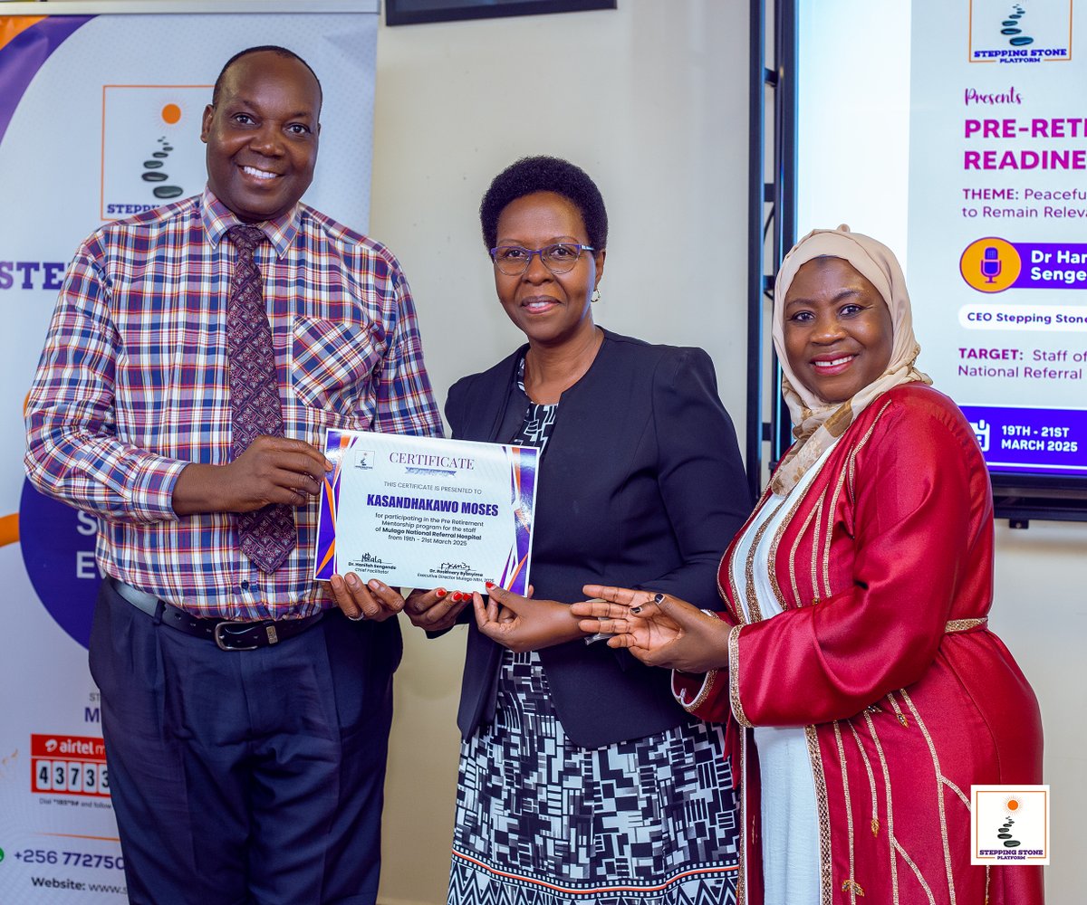 DrHanifahSeng's tweet photo. Proud moments from last month’s Mulago Pre-Retirement Training
Certificates awarded by Dr. Rosemary Byanyima (ED, Mulago Hospital) & me CEO at @SteppingSt74385
Empowering staff for life beyond work
#RetirementReady #SteppingStonePlatform https://t.co/YLyXXaBq5e