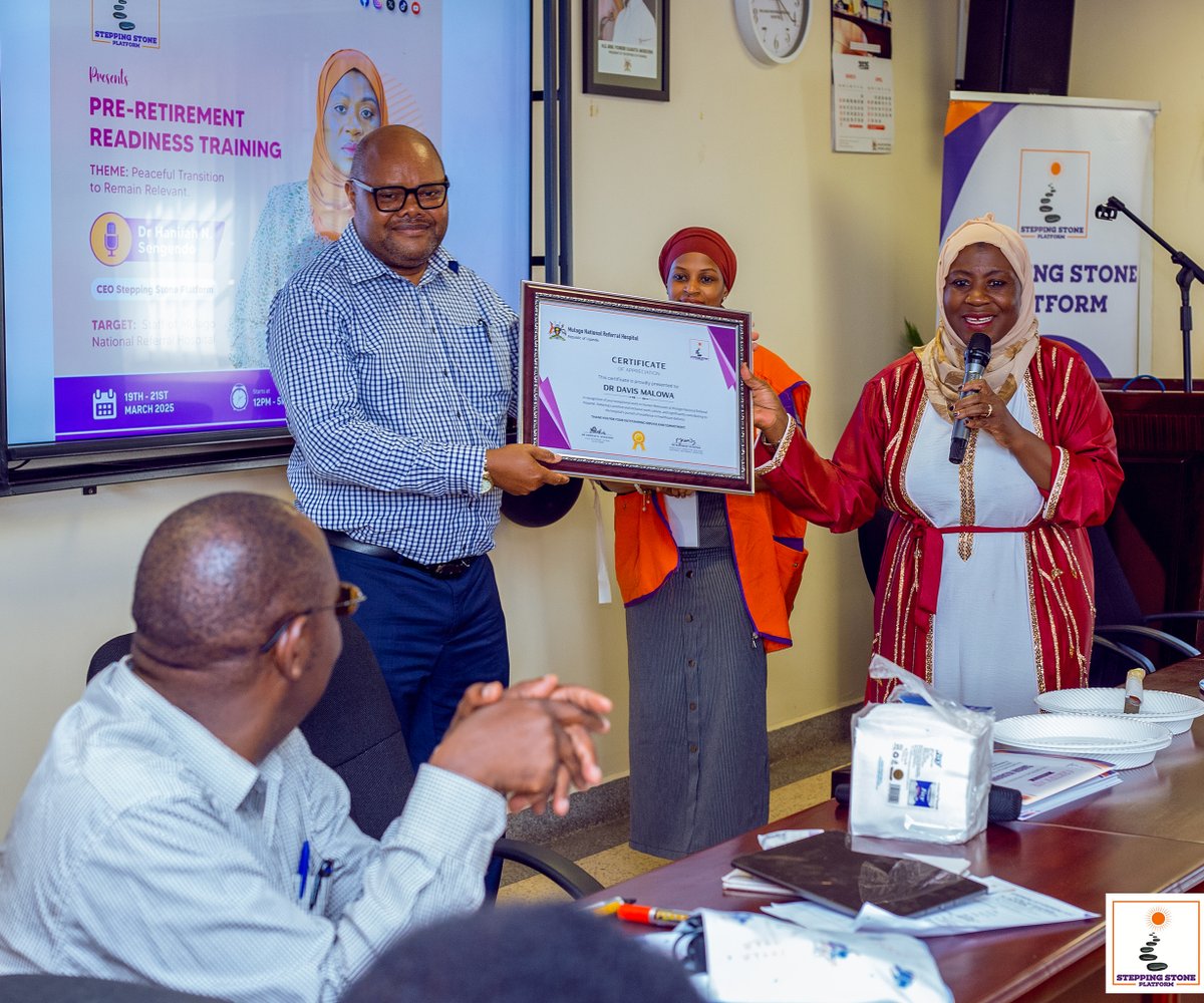 DrHanifahSeng's tweet photo. Proud moments from last month’s Mulago Pre-Retirement Training
Certificates awarded by Dr. Rosemary Byanyima (ED, Mulago Hospital) & me CEO at @SteppingSt74385
Empowering staff for life beyond work
#RetirementReady #SteppingStonePlatform https://t.co/YLyXXaBq5e