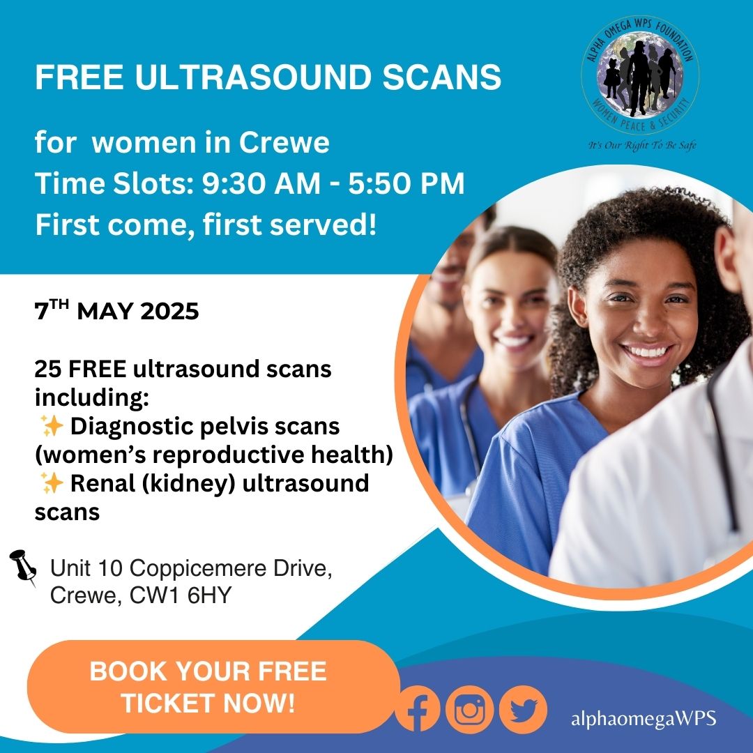 🌸 Free Ultrasound Scans for Women – Prioritise Your Health! 🌸

We are offering 25 FREE ultrasound scans on Wednesday, 7th May:

✨ Pelvis (reproductive health) scans
✨ Renal (kidney) scans

🔗 Links to book are on Facebook: <a href="/alphaomegaWPS/">Alpha Omega WPS Foundation</a>

Act fast—spaces are limited!