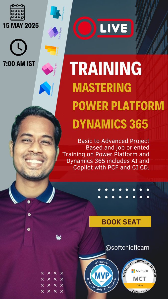 Boost Your Career with Power Platform &amp; Dynamics 365!
🚀 Live Training – Hands-on &amp; practical
💼 Job-Ready Skills – Real-world scenarios
🎓 Beginner Friendly – No prior experience needed
📈 Career Growth – High-demand tech stack

Limited seats! DM me to join or learn more.