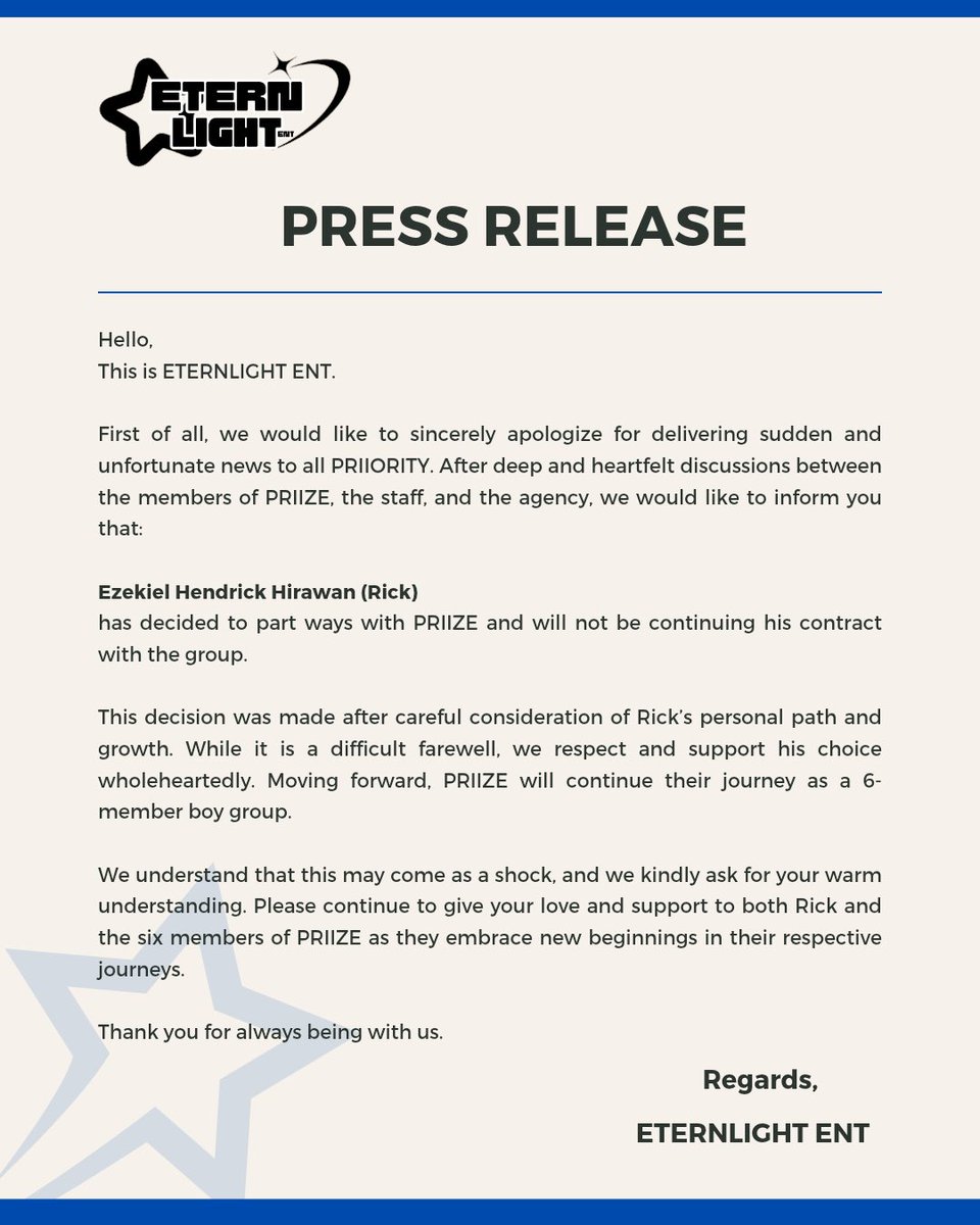 ㅤ

             ☆ ETERNLIGHT ENT ☆
  ————————————————

    ㅤㅤㅤㅤPRESS RELEASE
          ㅤ  25𝗍𝗁 𝗈𝖿 APRIL, 𝟤𝟢𝟤𝟧

ㅤ