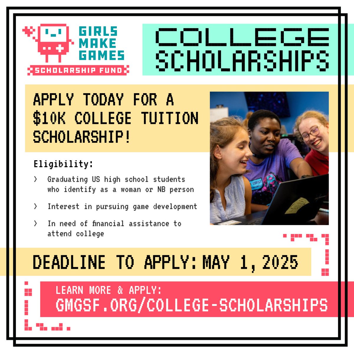 🎓 A scholarship for future game changers! 🎮 Apply for the 2025 GMG Scholarship Fund
💰 $10,000 Tuition Scholarship
👩‍🔬 Industry Mentor
💼 Internship &amp; Job Opportunities
📅 Deadline: May 1st
For female &amp; non-binary HS seniors in the US! 🇺🇸

Apply now: gmgsf.org/college-schola…