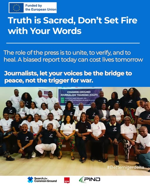 SFCG Nigeria (@sfcgnigeria) on Twitter photo Our message to journalists in the Niger Delta:
"Let your voices be the bridge to peace, not the trigger of violence and war in the Niger delta."
The <a href="/EUinNigeria/">EU in Nigeria 🇪🇺🇳🇬</a> funds Community Approach to Transforming Criminality and Violence in the Niger Delta project
#betternigerdelta Our message to journalists in the Niger Delta:
"Let your voices be the bridge to peace, not the trigger of violence and war in the Niger delta."
The <a href="/EUinNigeria/">EU in Nigeria 🇪🇺🇳🇬</a> funds Community Approach to Transforming Criminality and Violence in the Niger Delta project
#betternigerdelta