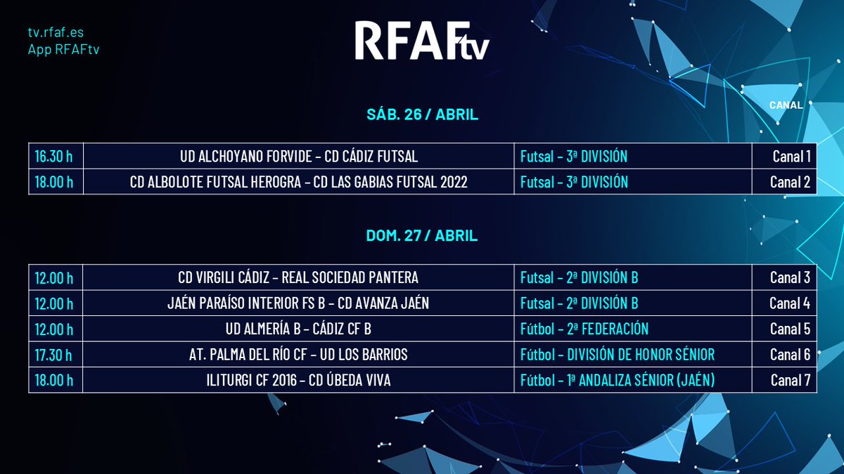 RFAF (@rfaf) on Twitter photo ⚡️Se avecina un fin de semana emocionante en <a href="/RFAF_tv/">RFAFtv</a> de 7⃣ partidos que tienes que ver🤩:
🅂🄰🄱🄰🄳🄾
<a href="/UD_ALCHOYANO/">U.D. Alchoyano</a> - <a href="/cadiz_futsal/">CD Cádiz Futsal</a>
<a href="/albolote_futsal/">C.D. Albolote Futsal</a> - #CDLasGabiasFutsal2022
🄳🄾🄼🄸🄽🄶🄾
<a href="/CDVirgiliCadiz/">CD Virgili Cádiz</a> - #RealSociedadPantera
<a href="/JaenFS/">Jaén Paraíso Interior FS</a> - <a href="/AvanzaFutsal/">Club Deportivo Avanza Jaén FS</a>
<a href="/AcademiaUDA/">UD Almería B y Academia UD Almería</a> - ⚡️Se avecina un fin de semana emocionante en <a href="/RFAF_tv/">RFAFtv</a> de 7⃣ partidos que tienes que ver🤩:
🅂🄰🄱🄰🄳🄾
<a href="/UD_ALCHOYANO/">U.D. Alchoyano</a> - <a href="/cadiz_futsal/">CD Cádiz Futsal</a>
<a href="/albolote_futsal/">C.D. Albolote Futsal</a> - #CDLasGabiasFutsal2022
🄳🄾🄼🄸🄽🄶🄾
<a href="/CDVirgiliCadiz/">CD Virgili Cádiz</a> - #RealSociedadPantera
<a href="/JaenFS/">Jaén Paraíso Interior FS</a> - <a href="/AvanzaFutsal/">Club Deportivo Avanza Jaén FS</a>
<a href="/AcademiaUDA/">UD Almería B y Academia UD Almería</a> -