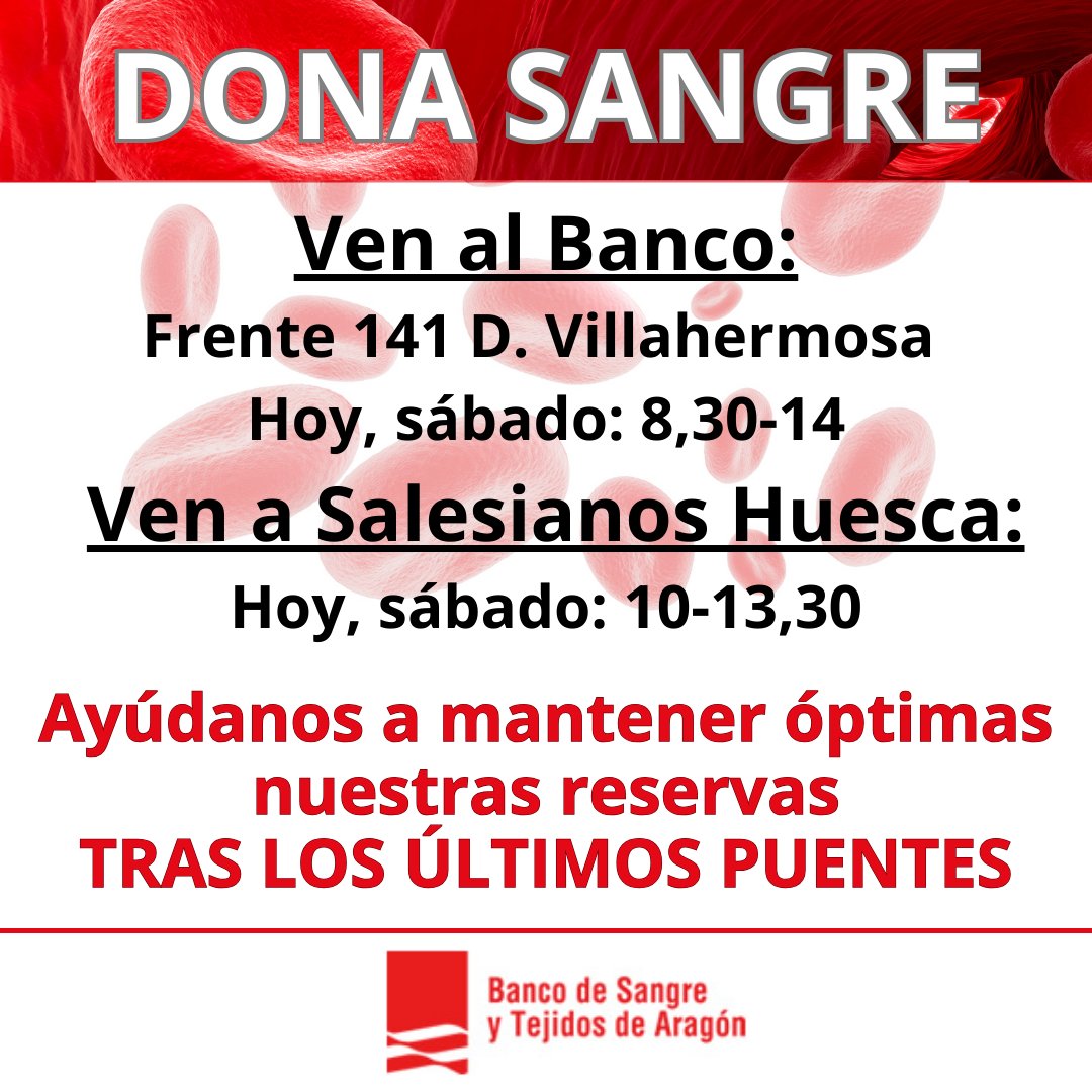 BncSangreAragon's tweet photo. 🩸Te estamos necesitando. Y especialmente estos días.
👉Hoy, de 8,30 a 14 horas. Frente al 141 de D. Villahermosa. Sin cita previa.
🖐Hoy, de 10 a 13,30 horas. Salesianos Huesca. https://t.co/p05ddmwHXN