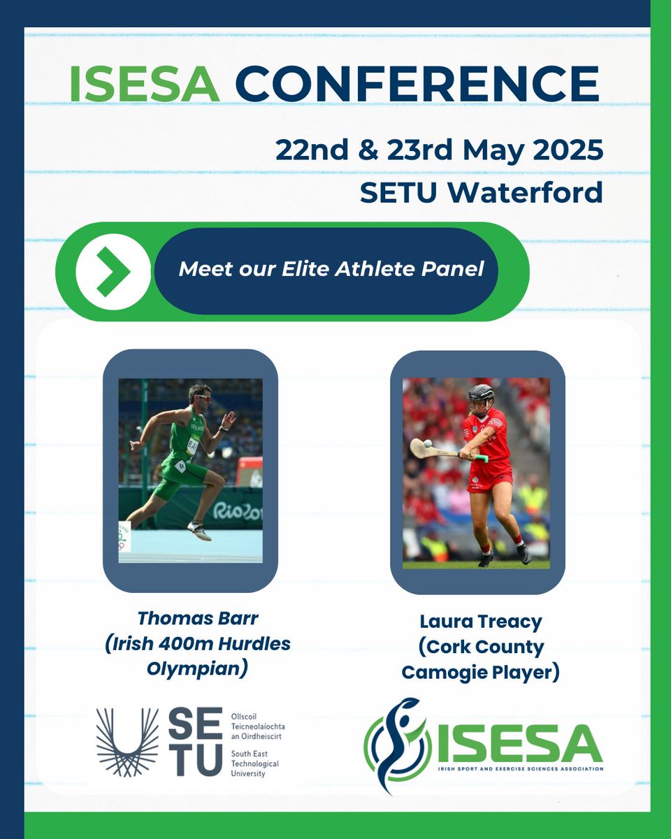 Irish Sport and Exercise Sciences Association (@irishsesa) on Twitter photo Join Olympian <a href="/TomBarr247/">Thomas Barr</a> , Camogie star <a href="/LauraTreacy2/">Laura Treacy</a> , Paralympian <a href="/TiarnanODonnell/">Tiarnan O'Donnell</a> and Irish Rugby Player <a href="/edelmc35/">Edel McMahon</a> at our Elite Athlete Panel, led by Bruce Wardrop (SETU).
🎟️ Tickets available now: isesa.ie/2025-conference Join Olympian <a href="/TomBarr247/">Thomas Barr</a> , Camogie star <a href="/LauraTreacy2/">Laura Treacy</a> , Paralympian <a href="/TiarnanODonnell/">Tiarnan O'Donnell</a> and Irish Rugby Player <a href="/edelmc35/">Edel McMahon</a> at our Elite Athlete Panel, led by Bruce Wardrop (SETU).
🎟️ Tickets available now: isesa.ie/2025-conference