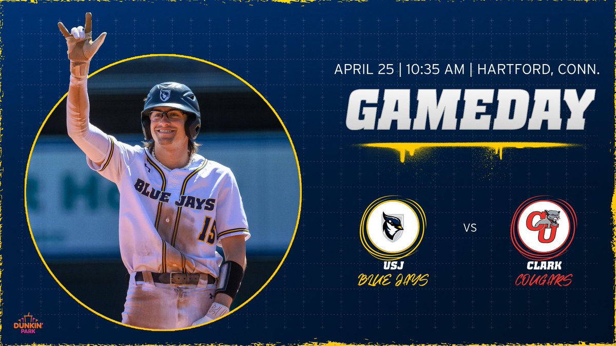 USJ Blue Jays (@usj_bluejays) on Twitter photo 🍩 GAME DAY 🍩
The <a href="/USJCT/">University of Saint Joseph</a> baseball team takes on <a href="/ClarkAthletics/">Clark Cougars</a> Friday morning in a non-conference contest at Dunkin' Park, home of the <a href="/GoYardGoats/">Hartford Yard Goats</a>, in Hartford!
📊: t.ly/NKNe6
📺: t.ly/qnKjU
#D3baseball | #FearTheFlock | #GoBlueJays🔵🐦 🍩 GAME DAY 🍩
The <a href="/USJCT/">University of Saint Joseph</a> baseball team takes on <a href="/ClarkAthletics/">Clark Cougars</a> Friday morning in a non-conference contest at Dunkin' Park, home of the <a href="/GoYardGoats/">Hartford Yard Goats</a>, in Hartford!
📊: t.ly/NKNe6
📺: t.ly/qnKjU
#D3baseball | #FearTheFlock | #GoBlueJays🔵🐦