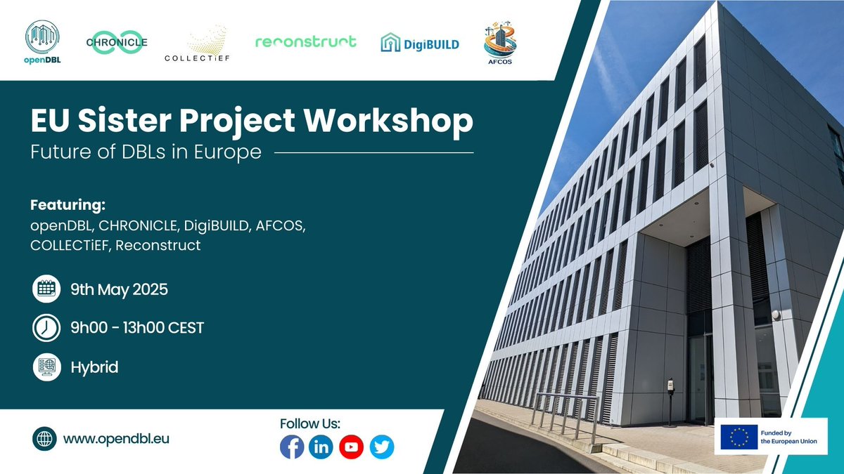 🚀 Excited to announce our upcoming EU Sister Project Workshop:

Future of Digital Building Logbooks (DBLs) in Europe!

🗓️9 May 2025 | 🕘 09:00–13:00 CEST
📍<a href="/dormakaba/">dormakaba</a>, Ennepetal, Germany
🌐Hybrid (In-person &amp; Online)

🔗Learn more &amp; register opendbl.eu/advancing-digi…