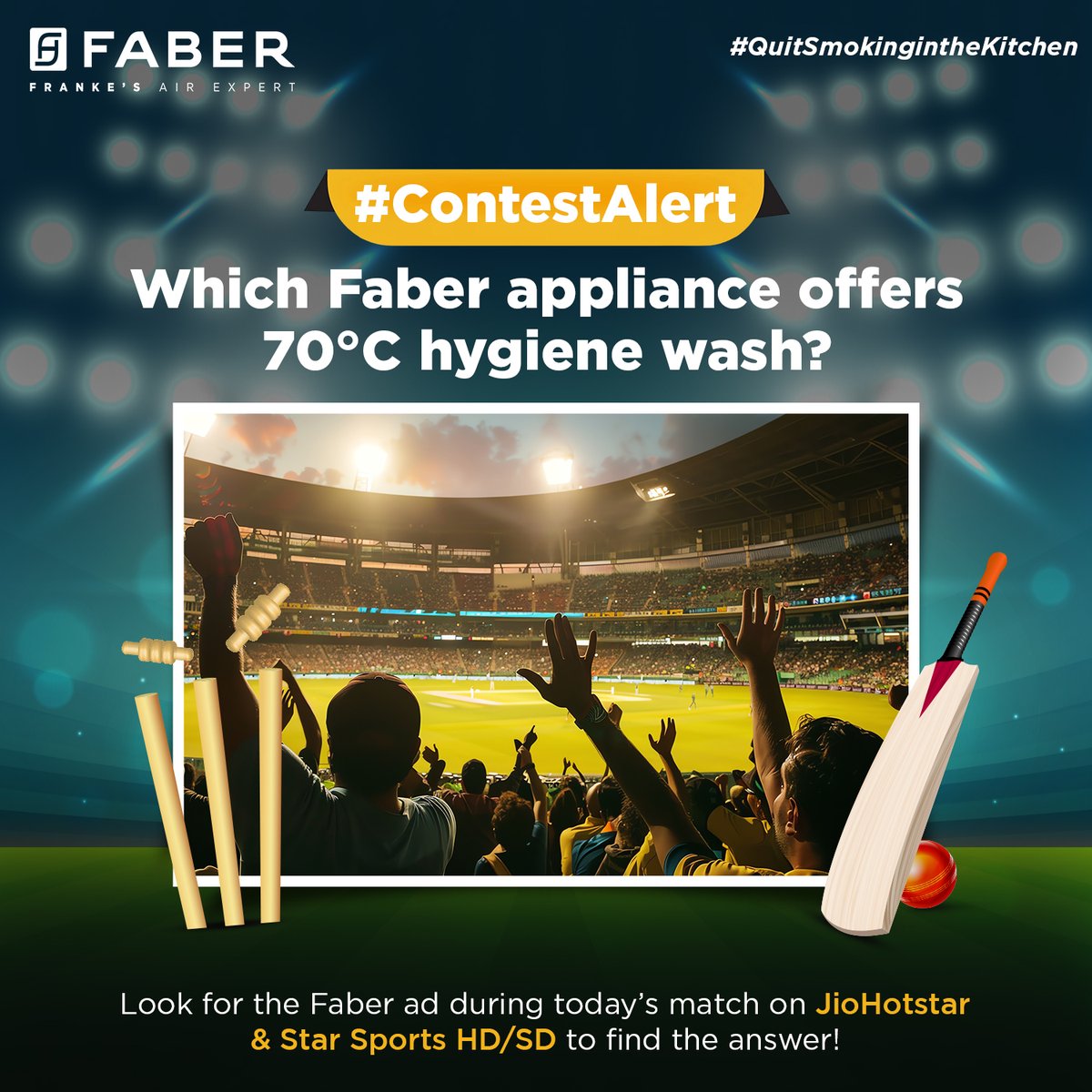 #ContestAlert

Enjoy today’s match on JioHotstar or Star Sports HD/SD, and keep an eye out for the Faber ad. Find the answer and share it in the comments!

How to enter:
✅ Follow us
✅ Share this post
✅ Tag 3 friends in the comments using 

#QuitSmokingInTheKitchen