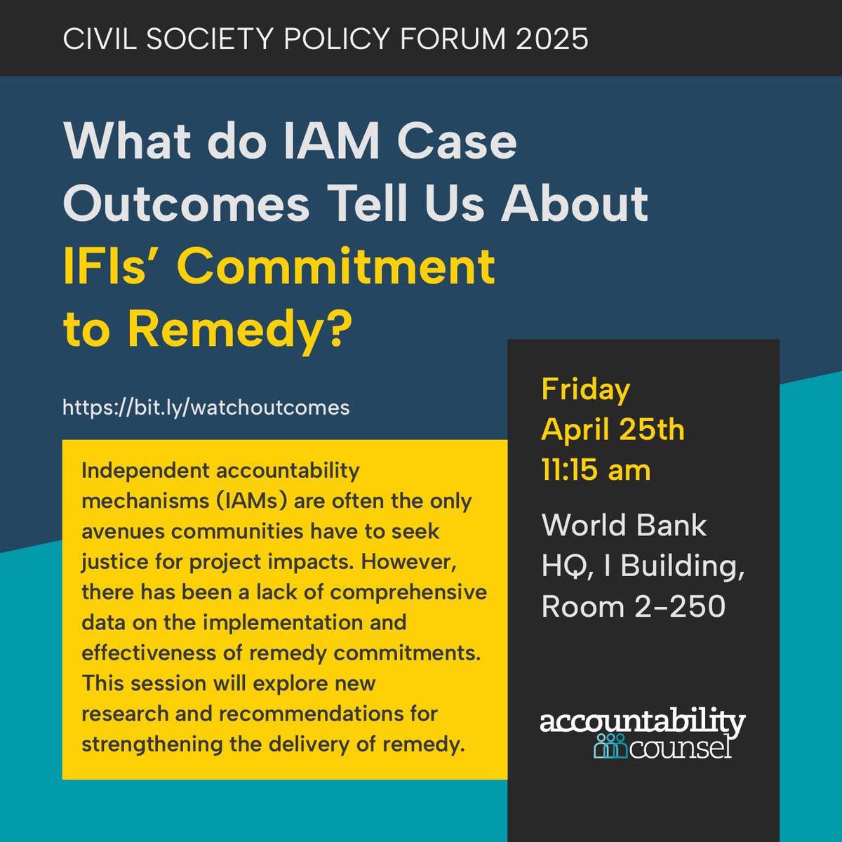 Center for International Environmental Law (@ciel_tweets) on Twitter photo 🚨 Join us TODAY at 11:15am ET for a <a href="/WorldBank/">World Bank</a> #SpringMeetings #CSPF2025 panel on how development banks can better deliver #remedy when their projects harm communities.
💻 Online: bit.ly/watchoutcomes
📍 In person: I 2-250 🚨 Join us TODAY at 11:15am ET for a <a href="/WorldBank/">World Bank</a> #SpringMeetings #CSPF2025 panel on how development banks can better deliver #remedy when their projects harm communities.
💻 Online: bit.ly/watchoutcomes
📍 In person: I 2-250