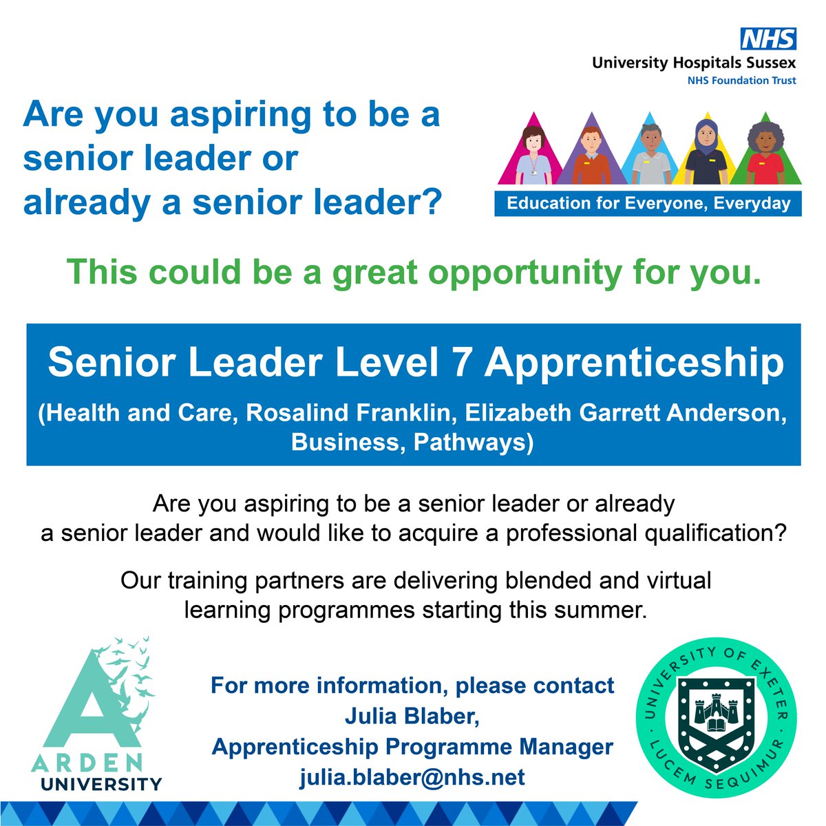 UHSussex Education and Apprenticeships (@uhsx_eduapps) on Twitter photo Are you aspiring to be a senior leader or already a senior leader and would like to acquire a professional qualification? For more information, please contact Julia Blaber, Apprenticeship Programme Manager. julia.blaber@nhs.net <a href="/UHSussex/">University Hospitals Sussex</a> <a href="/ArdenUniHealth/">Arden University Healthcare Management</a> <a href="/UniofExeter/">University of Exeter</a> Are you aspiring to be a senior leader or already a senior leader and would like to acquire a professional qualification? For more information, please contact Julia Blaber, Apprenticeship Programme Manager. julia.blaber@nhs.net <a href="/UHSussex/">University Hospitals Sussex</a> <a href="/ArdenUniHealth/">Arden University Healthcare Management</a> <a href="/UniofExeter/">University of Exeter</a>