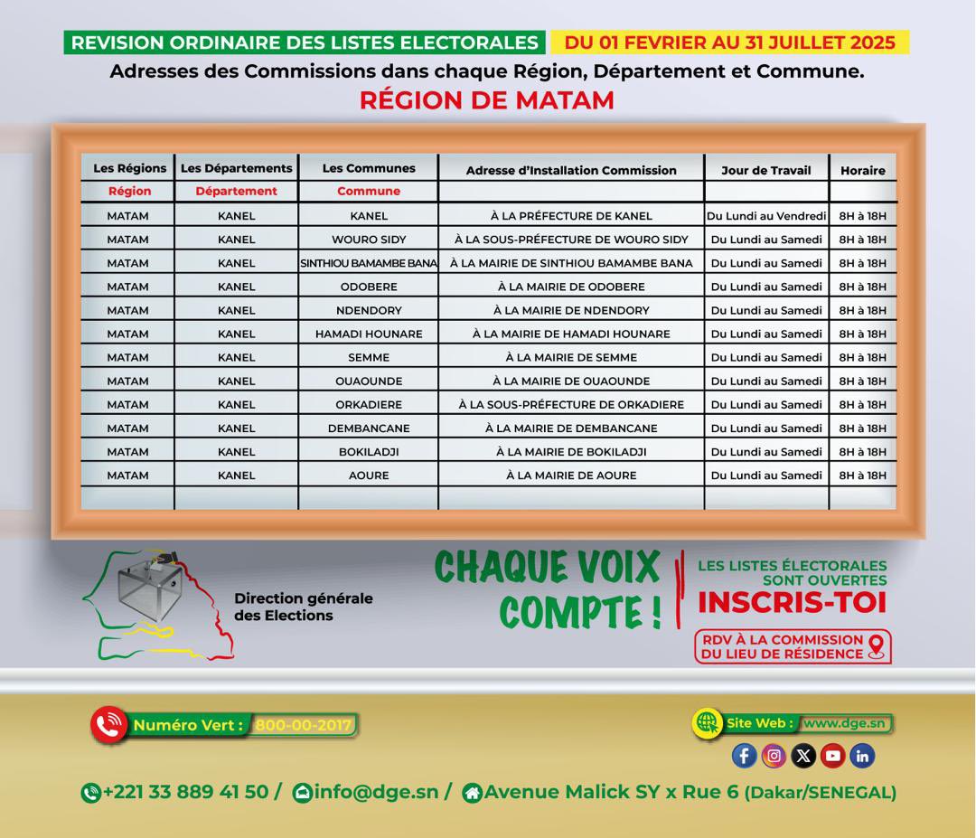 DgeSenegal's tweet image. #RoleSn2025 🇸🇳 MATAM

✅ Les adresses des différentes commissions de la région de #MATAM  (Région, départements, communes) 

#VoteSenegal #JeSuisCitoyen