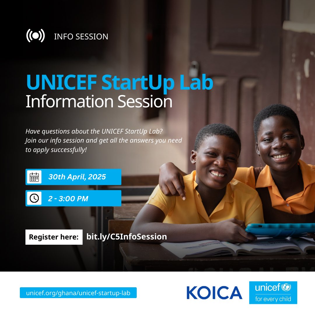 Can your innovation help build a better world for #children?

Join the <a href="/UNICEFStartups/">UNICEF StartUp Lab</a> virtual info session to learn how we support startups with Mentorship, Training and Up to GHS 75k in funding.

Date: 30th April, 2025 | 2:00 PM GMT
Register: bit.ly/C5InfoSession