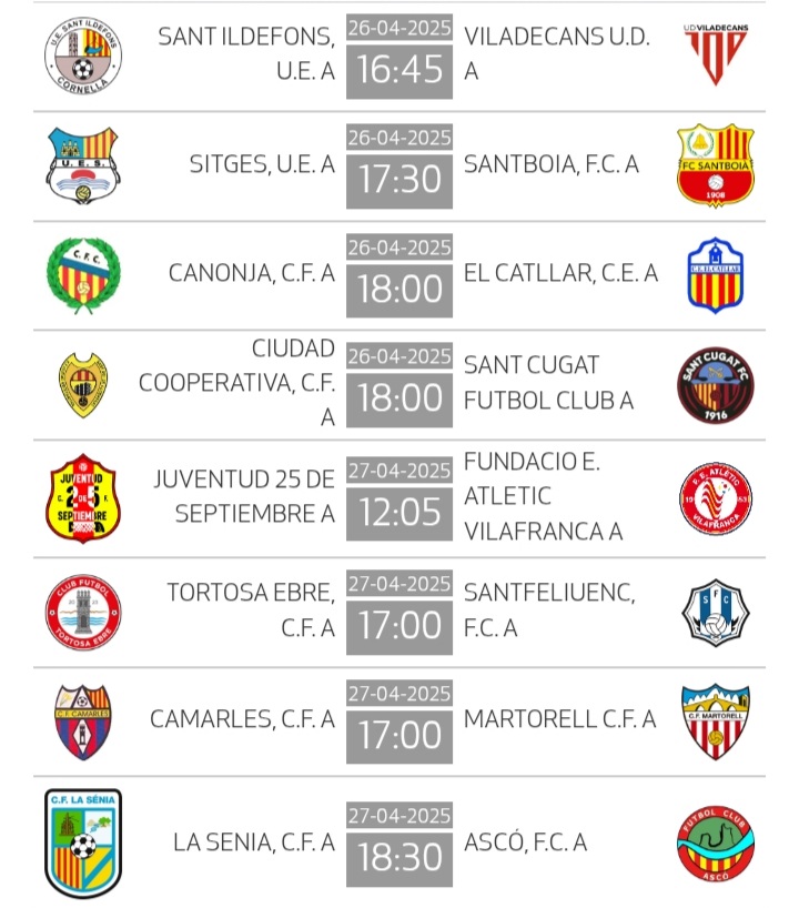 1aCatalanaG2 (@1acatalanag2) on Twitter photo Partits jornada 27 #1Cat3 camí a l'elit <a href="/fcooperativa1/">C.F. Ciudad Cooperativa</a> vs <a href="/SantCugatFC/">Sant Cugat FC</a>,segueix l'estela del líder <a href="/CFCamarles/">C.F Camarles</a> vs <a href="/cfmartorell/">CF Martorell</a>,necessita victòria <a href="/uesitges/">U.E. Sitges</a> vs <a href="/FClubSantboia/">Futbol Club Santboià</a>,volen evitar descens <a href="/cfcanonja/">𝗖𝗙 𝗖𝗔𝗡𝗢𝗡𝗝𝗔</a> vs <a href="/CEElCatllar/">C.E. El Catllar</a> #1aCatalanaG3 #futbolcat en estat pur 💪💪💪#fcf Partits jornada 27 #1Cat3 camí a l'elit <a href="/fcooperativa1/">C.F. Ciudad Cooperativa</a> vs <a href="/SantCugatFC/">Sant Cugat FC</a>,segueix l'estela del líder <a href="/CFCamarles/">C.F Camarles</a> vs <a href="/cfmartorell/">CF Martorell</a>,necessita victòria <a href="/uesitges/">U.E. Sitges</a> vs <a href="/FClubSantboia/">Futbol Club Santboià</a>,volen evitar descens <a href="/cfcanonja/">𝗖𝗙 𝗖𝗔𝗡𝗢𝗡𝗝𝗔</a> vs <a href="/CEElCatllar/">C.E. El Catllar</a> #1aCatalanaG3 #futbolcat en estat pur 💪💪💪#fcf