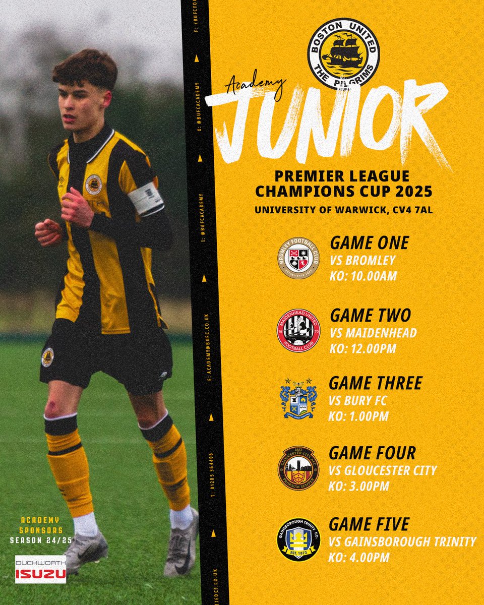 NEXT MATCH | Our U16s Academy are in action against Bromley, Maidenhead, Bury, Gloucester and Gainsborough tomorrow as they play in the <a href="/jpluk/">jpluuuk</a> Champions Cup at the Univesity of Warwick! 

Good luck to the lads 🙌

🤝Team sponsored by <a href="/DuckworthIsuzu/">Duckworth Isuzu</a> 

#UpThePilgrims 🧡🖤