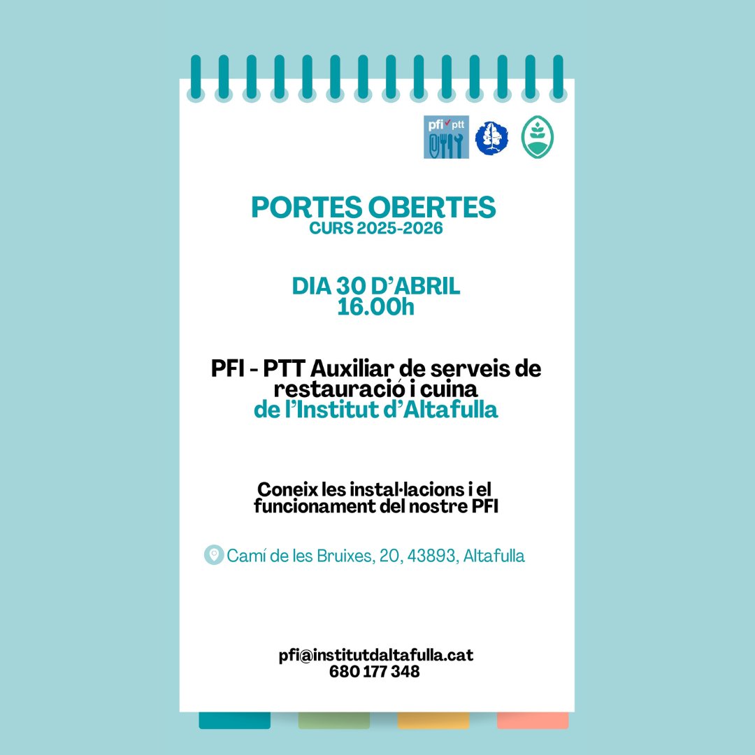 Ajuntament d'Altafulla (@ajaltafulla) on Twitter photo 🎓🍽️ Portes obertes del PFI-PTT de l' <a href="/insaltafulla/">Institut d'Altafulla</a> !
T’interessa el món de la cuina i la restauració? Vine a conèixer el nostre programa formatiu!
📍Camí de les Bruixes, 20
🗓️ Dimarts 30 d’abril a les 16h
altafulla.cat/noticies/porte…
#PFIAltafulla
#Altafulla 🎓🍽️ Portes obertes del PFI-PTT de l' <a href="/insaltafulla/">Institut d'Altafulla</a> !
T’interessa el món de la cuina i la restauració? Vine a conèixer el nostre programa formatiu!
📍Camí de les Bruixes, 20
🗓️ Dimarts 30 d’abril a les 16h
altafulla.cat/noticies/porte…
#PFIAltafulla
#Altafulla